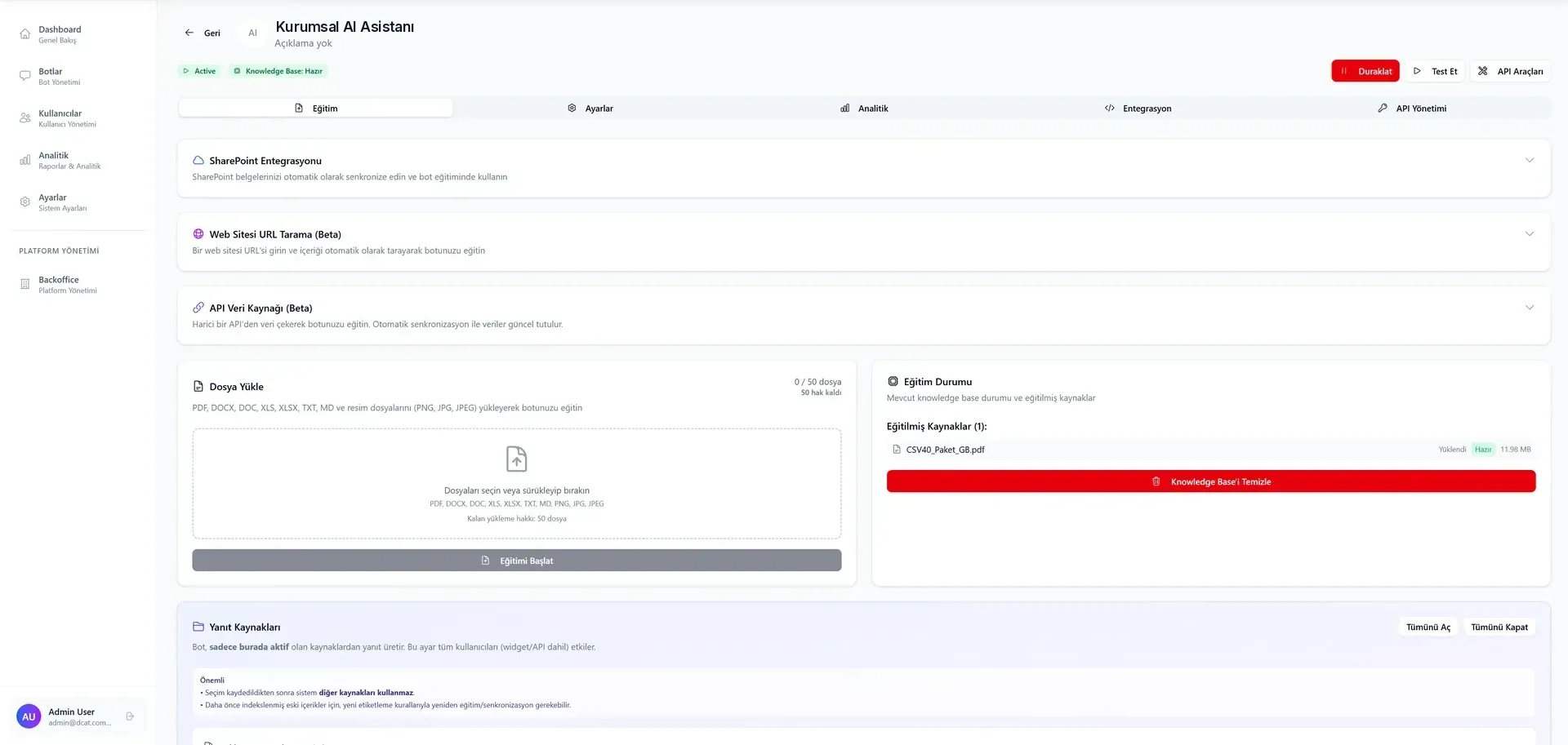 Panel de gestión de Orix: pestañas de entrenamiento, ajustes, analítica, integración y gestión de API para un asistente de IA corporativo